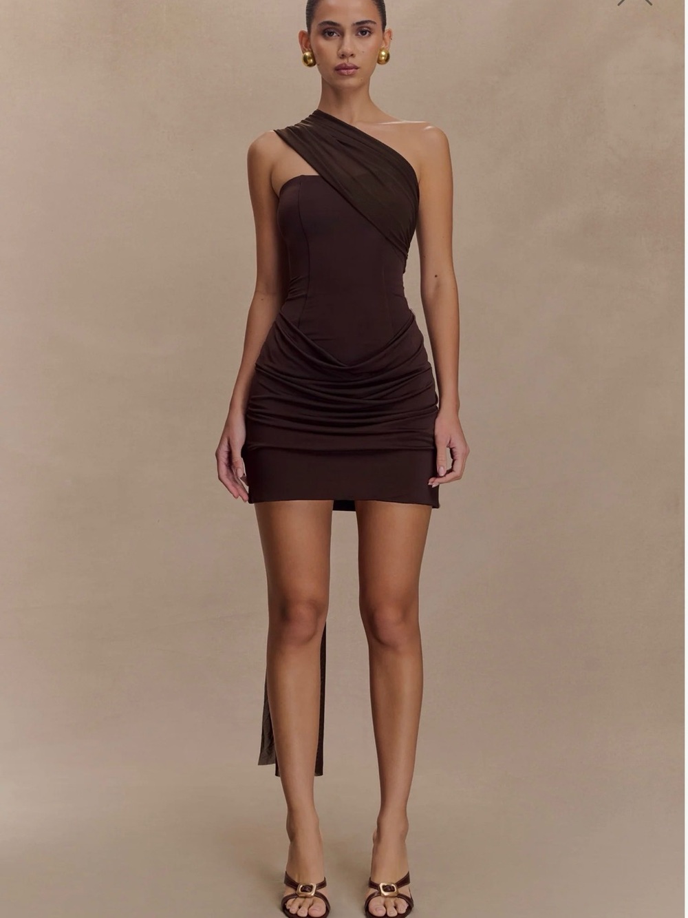 Meshki Chocolate One-Shoulder Ruched Mini Dress